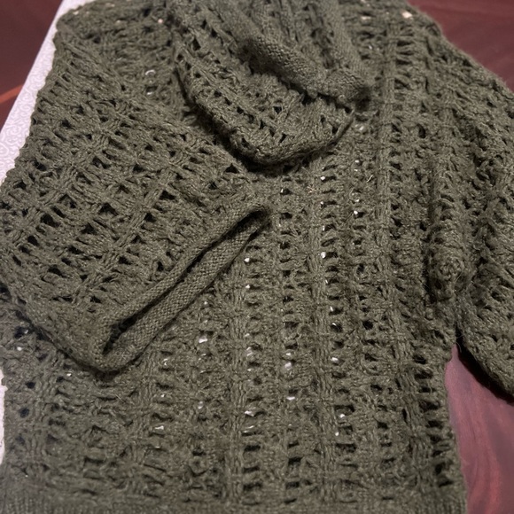 Free People Boho Cottagecore Crochet Olive Hooded Sweater | Dolman Earthy Knit - Picture 12 of 15